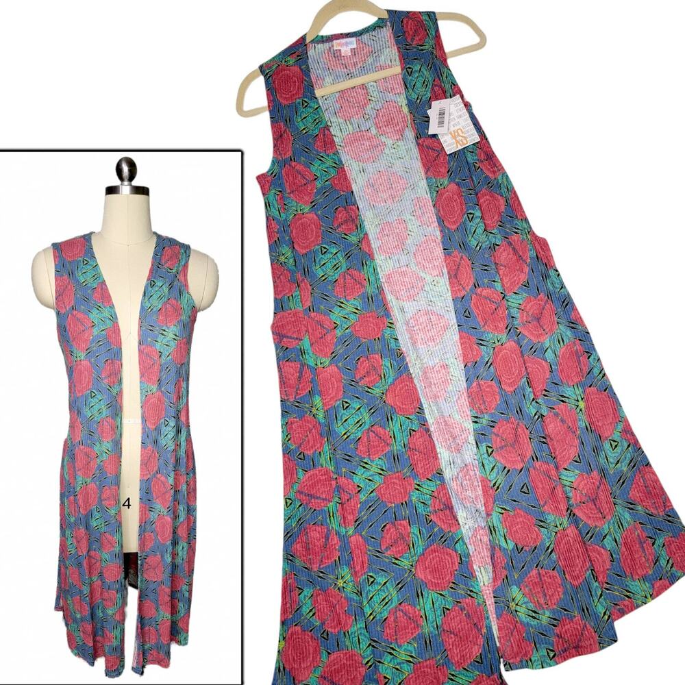 LuLaRoe Joy Vest XS Red Rose Floral Blue Pink Green Black Ribbed Longline Duster